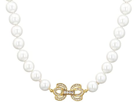 Pearlfection® White Akoya Simulant With Cubic Zirconia 18K Yellow Gold Plated 16" Strand Necklace