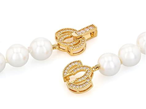 Pearlfection® White Akoya Simulant With Cubic Zirconia 18K Yellow Gold Plated 16" Strand Necklace