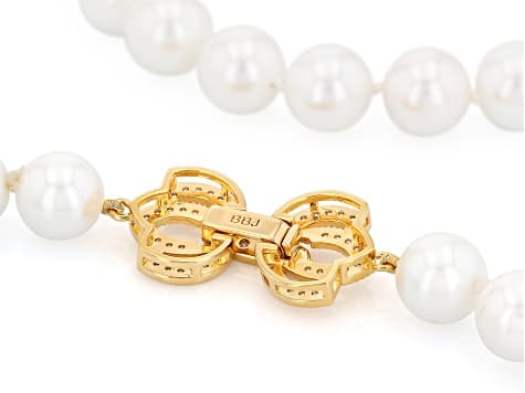 Pearlfection® White Akoya Simulant With Cubic Zirconia 18K Yellow Gold Plated 16" Strand Necklace
