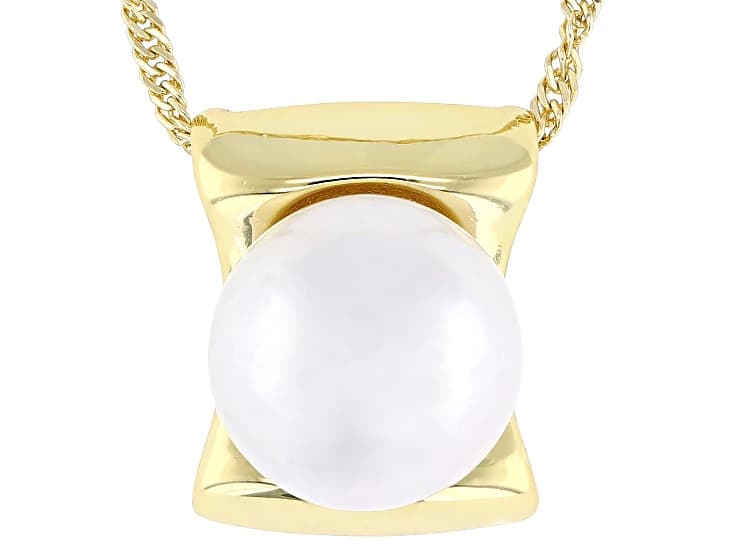 White Cultured Freshwater Pearl 18k Yellow Gold Over Sterling Silver Pendant With Chain