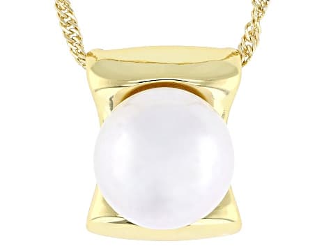White Cultured Freshwater Pearl 18k Yellow Gold Over Sterling Silver Pendant With Chain