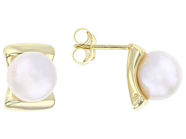 White Cultured Freshwater Pearl 18k Yellow Gold Over Sterling Silver Earrings