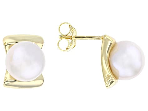 White Cultured Freshwater Pearl 18k Yellow Gold Over Sterling Silver Earrings