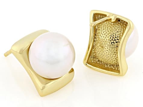 White Cultured Freshwater Pearl 18k Yellow Gold Over Sterling Silver Earrings