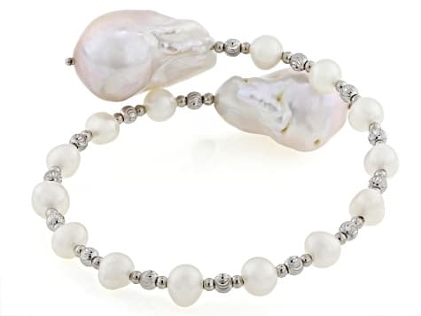 Genusis™ White Cultured Freshwater Pearl Rhodium Over Sterling Silver Wrap Bangle