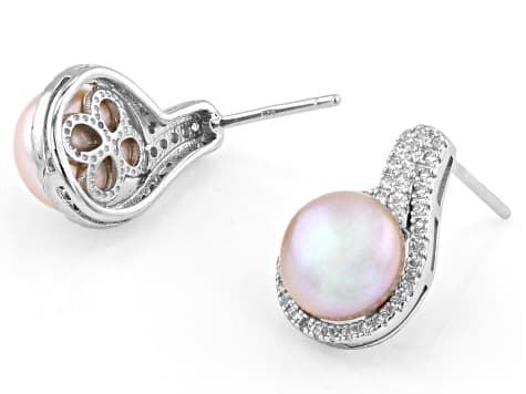 Pink Cultured Kasumiga Pearl With Cubic Zirconia Rhodium Over Sterling Silver Earrings