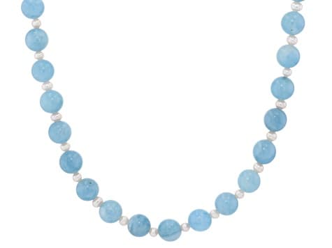 White Cultured Freshwater Pearl With Aquamarine 14k Yellow Gold 18 Inch Necklace