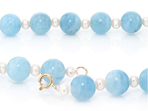 White Cultured Freshwater Pearl With Aquamarine 14k Yellow Gold 18 Inch Necklace