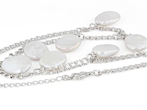 15mm White Cultured Freshwater Pearl Rhodium Over Sterling Silver 20 Inch Necklace