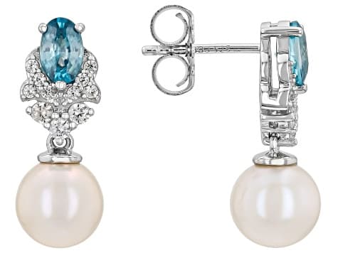 White Cultured Freshwater Pearl With Blue and White Zircon Rhodium Over Sterling Silver Earrings