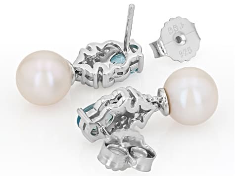 White Cultured Freshwater Pearl With Blue and White Zircon Rhodium Over Sterling Silver Earrings