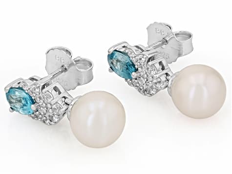 White Cultured Freshwater Pearl With Blue and White Zircon Rhodium Over Sterling Silver Earrings