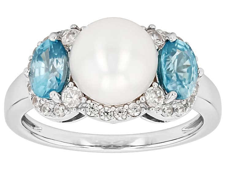White Cultured Freshwater Pearl With Blue and White Zircon Rhodium Over Sterling Silver Ring