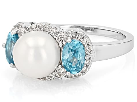 White Cultured Freshwater Pearl With Blue and White Zircon Rhodium Over Sterling Silver Ring