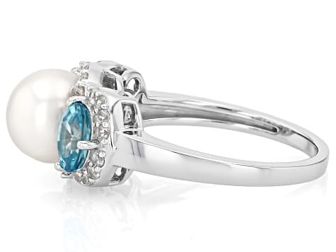 White Cultured Freshwater Pearl With Blue and White Zircon Rhodium Over Sterling Silver Ring