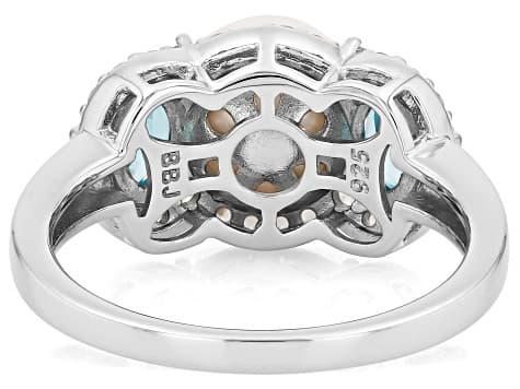 White Cultured Freshwater Pearl With Blue and White Zircon Rhodium Over Sterling Silver Ring