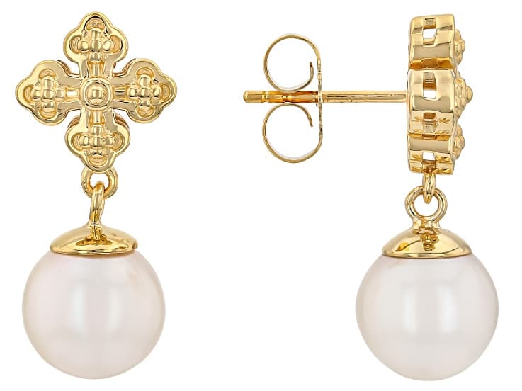 White Cultured Freshwater Pearl 18K Yellow Gold Over Sterling Silver Earrings