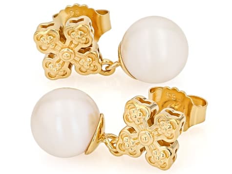 White Cultured Freshwater Pearl 18K Yellow Gold Over Sterling Silver Earrings