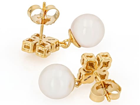 White Cultured Freshwater Pearl 18K Yellow Gold Over Sterling Silver Earrings