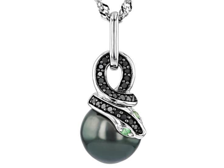 Black Cultured Tahitian Pearl with Tsavorite and Diamond Rhodium Over Silver Pendant with Chain