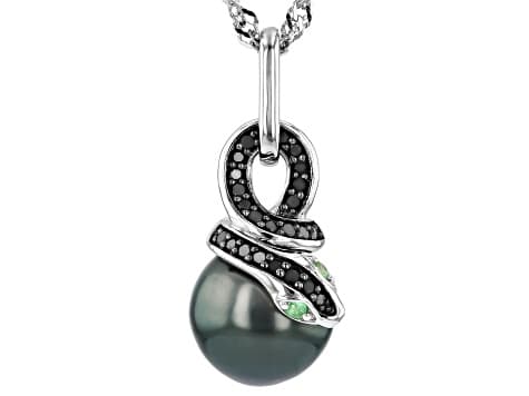 Black Cultured Tahitian Pearl with Tsavorite and Diamond Rhodium Over Silver Pendant with Chain