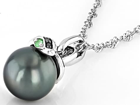 Black Cultured Tahitian Pearl with Tsavorite and Diamond Rhodium Over Silver Pendant with Chain