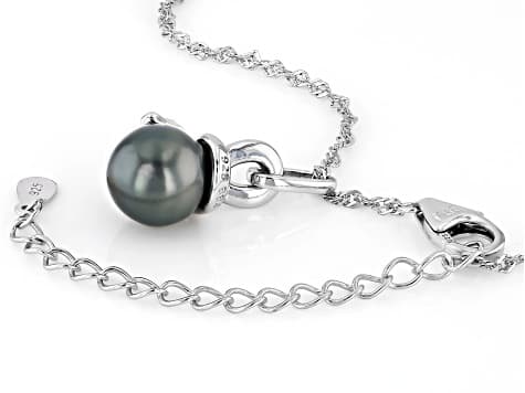 Black Cultured Tahitian Pearl with Tsavorite and Diamond Rhodium Over Silver Pendant with Chain
