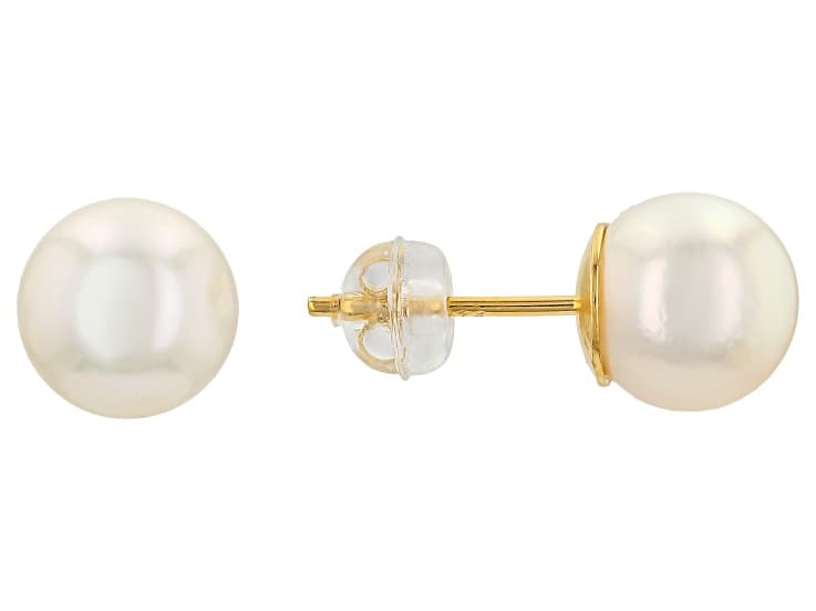 White Cultured Akoya Pearl 18k Yellow Gold Over Sterling Silver Stud Earrings
