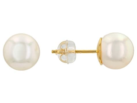 White Cultured Akoya Pearl 18k Yellow Gold Over Sterling Silver Stud Earrings