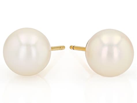 White Cultured Akoya Pearl 18k Yellow Gold Over Sterling Silver Stud Earrings