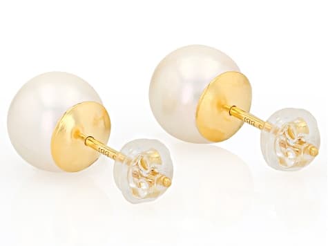 White Cultured Akoya Pearl 18k Yellow Gold Over Sterling Silver Stud Earrings