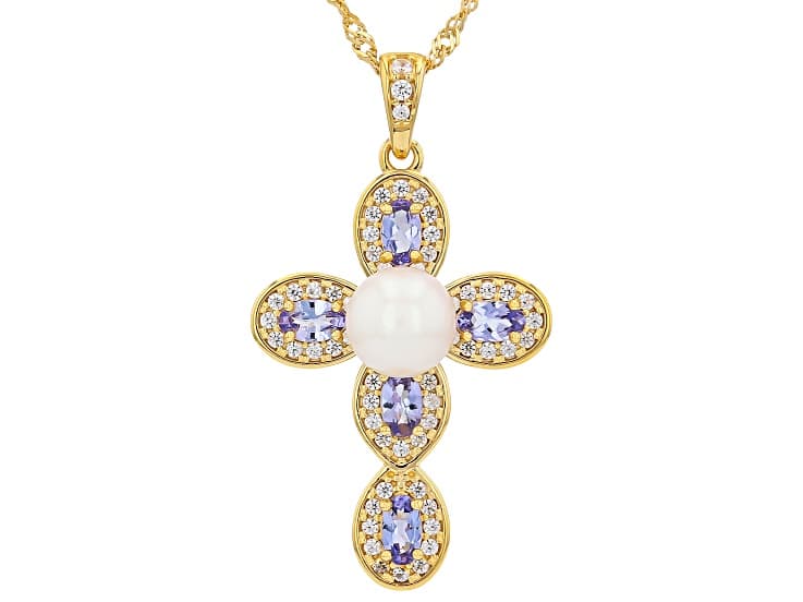 White Cultured Japanese Akoya Pearl 18K Yellow Gold Over Sterling Silver Pendant with Chain
