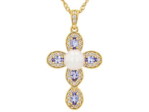 White Cultured Japanese Akoya Pearl 18K Yellow Gold Over Sterling Silver Pendant with Chain