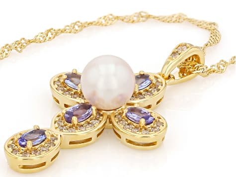 White Cultured Japanese Akoya Pearl 18K Yellow Gold Over Sterling Silver Pendant with Chain