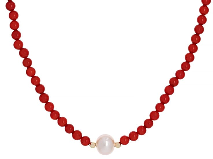 White Cultured Freshwater Pearl & Coral 14k Yellow Gold 18 Inch Necklace