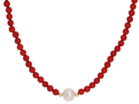 White Cultured Freshwater Pearl & Coral 14k Yellow Gold 18 Inch Necklace