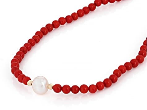 White Cultured Freshwater Pearl & Coral 14k Yellow Gold 18 Inch Necklace
