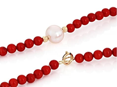 White Cultured Freshwater Pearl & Coral 14k Yellow Gold 18 Inch Necklace