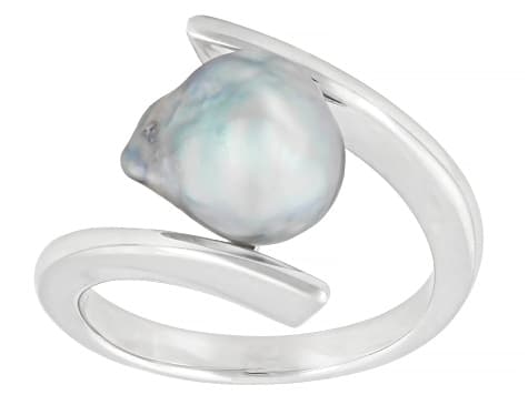 Platinum Cultured Japanese Akoya Pearl Rhodium Over Sterling Silver Bypass Ring