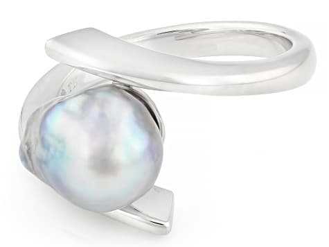 Platinum Cultured Japanese Akoya Pearl Rhodium Over Sterling Silver Bypass Ring