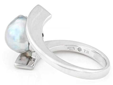 Platinum Cultured Japanese Akoya Pearl Rhodium Over Sterling Silver Bypass Ring
