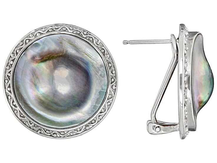Platinum Cultured Blister Pearl Rhodium Over Sterling Silver Earrings