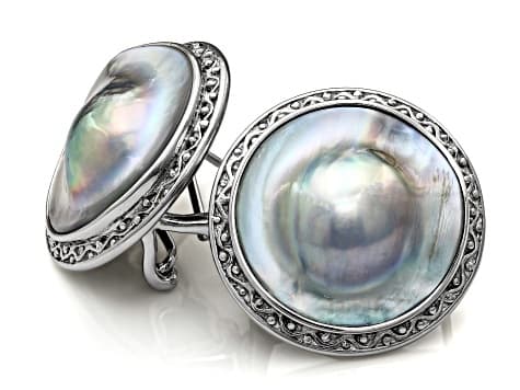 Platinum Cultured Blister Pearl Rhodium Over Sterling Silver Earrings