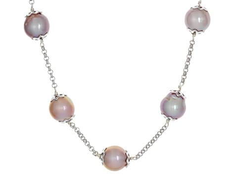 Multi-Color Cultured Kasumiga Pearl Rhodium Over Sterling Silver 18 Inch Station Necklace