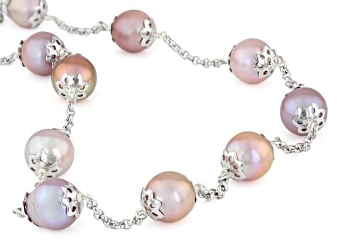 Multi-Color Cultured Kasumiga Pearl Rhodium Over Sterling Silver 18 Inch Station Necklace