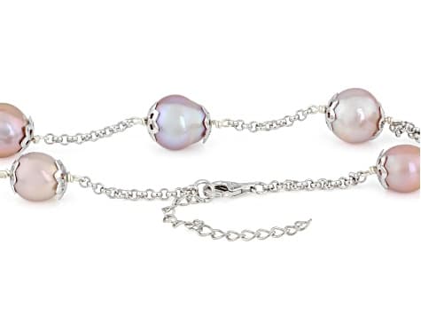 Multi-Color Cultured Kasumiga Pearl Rhodium Over Sterling Silver 18 Inch Station Necklace
