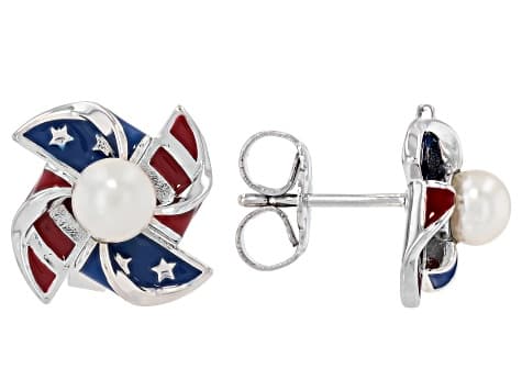 White Cultured Freshwater Pearl & Enamel Rhodium Plated Pinwheel Earrings