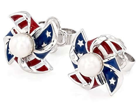 White Cultured Freshwater Pearl & Enamel Rhodium Plated Pinwheel Earrings