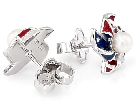 White Cultured Freshwater Pearl & Enamel Rhodium Plated Pinwheel Earrings