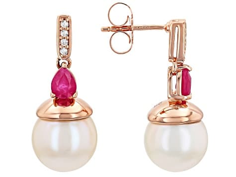 White Cultured Freshwater Pearl With John Saul Ruby & Zircon 18k Rose Gold Over Silver Earrings